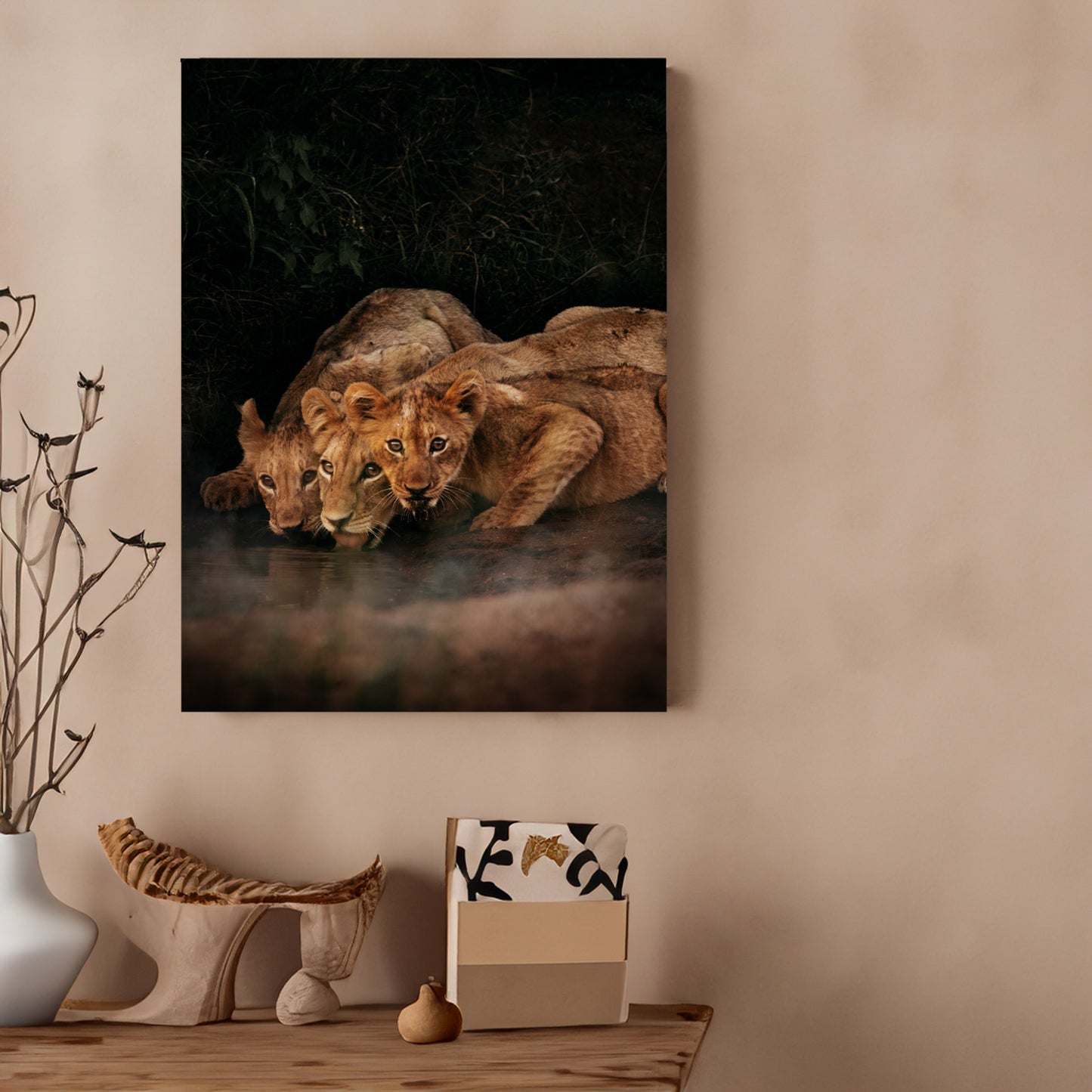 Lion Cubs Drinking in the Wild - African Wildlife Photography Print