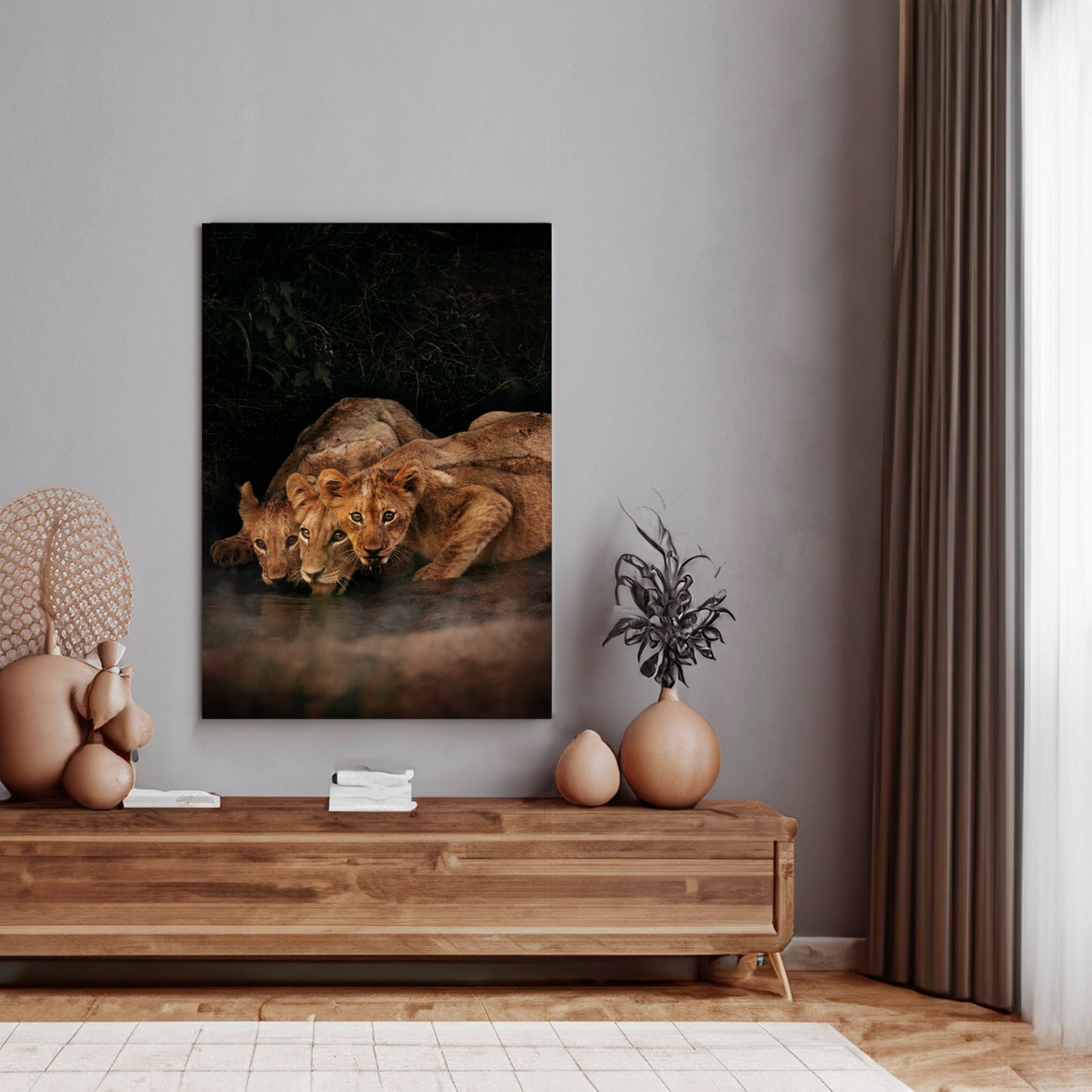 Lion Cubs Drinking in the Wild - African Wildlife Photography Print