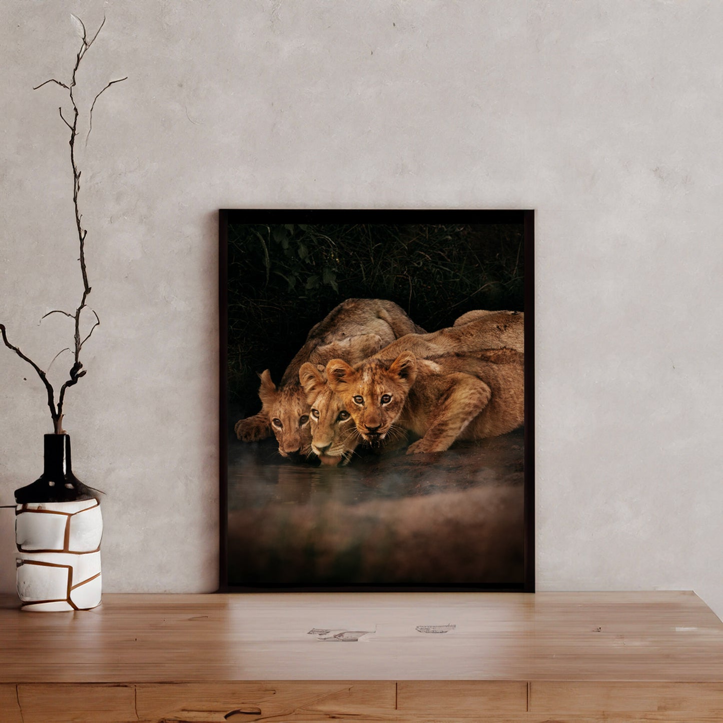 Lion Cubs Drinking in the Wild - African Wildlife Photography Print