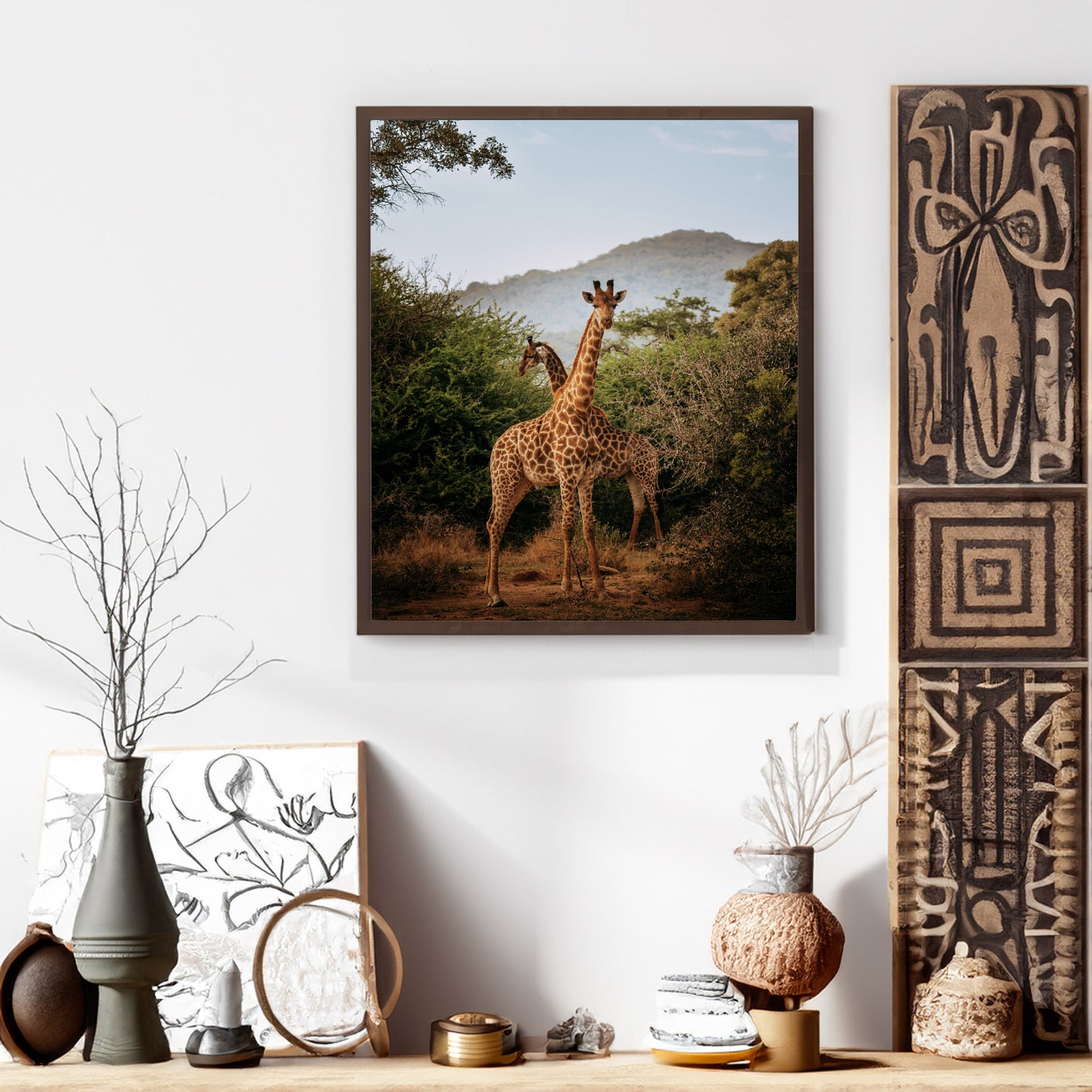 Giraffes in Stormy Morning Light - African Wildlife Photography Print